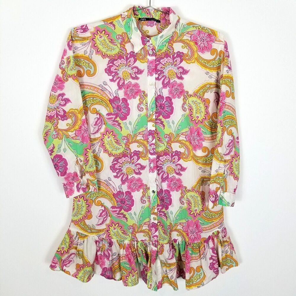 Zara Women Floral Paisley Mini Dress size‎ S Long Sleeve Button Up Multicolor